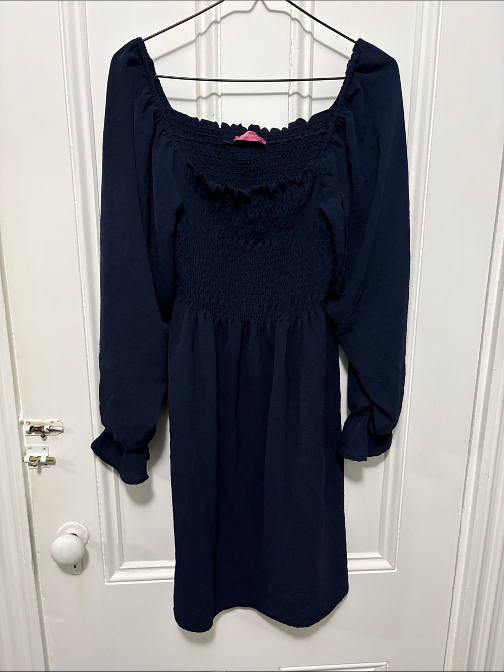 Smocked Square-Neck Long Sleeve Dress — Navy